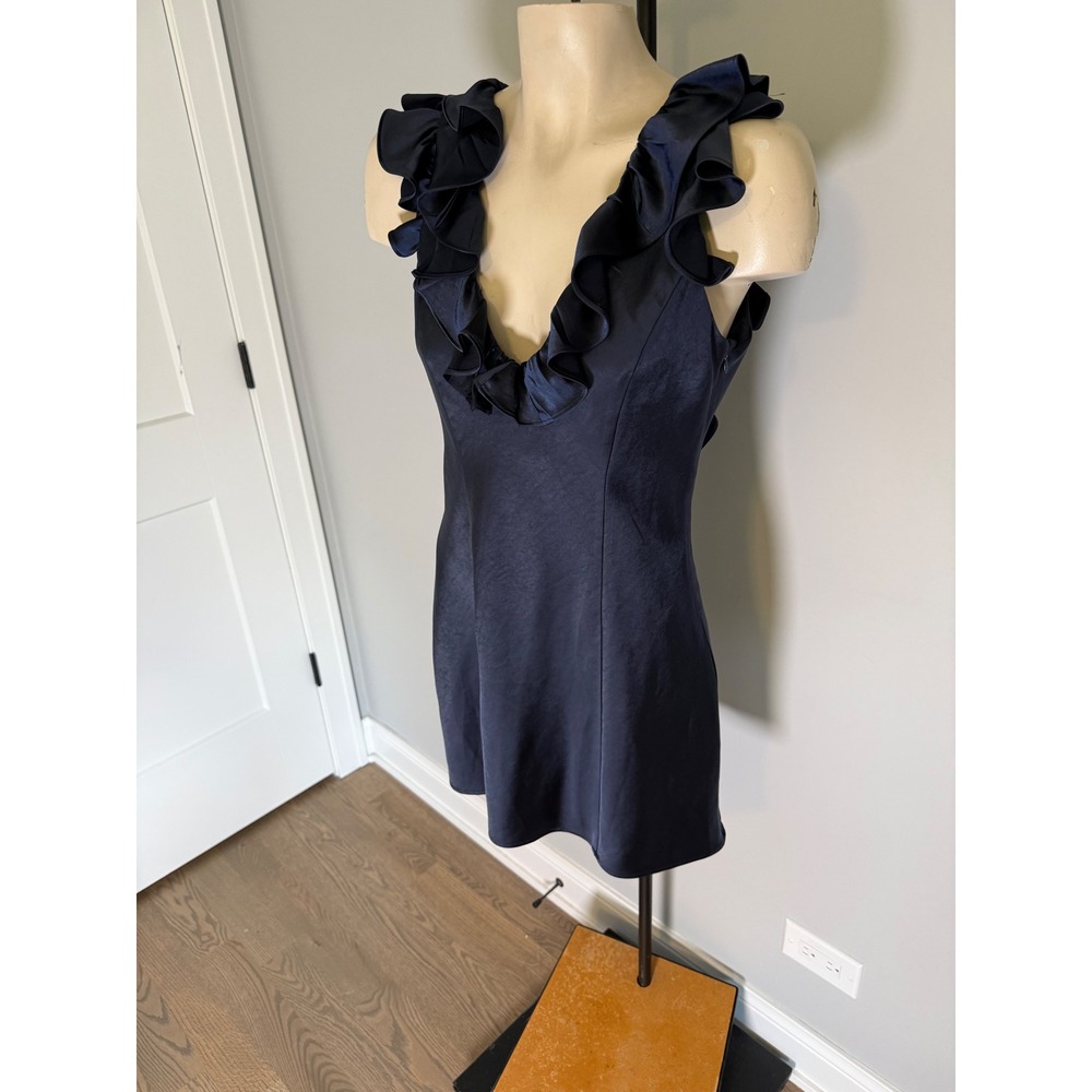 Princess Polly Navy Blue Ruffle V-Neck Open Back Satin Mini Dress US 6 - Picture 4 of 6